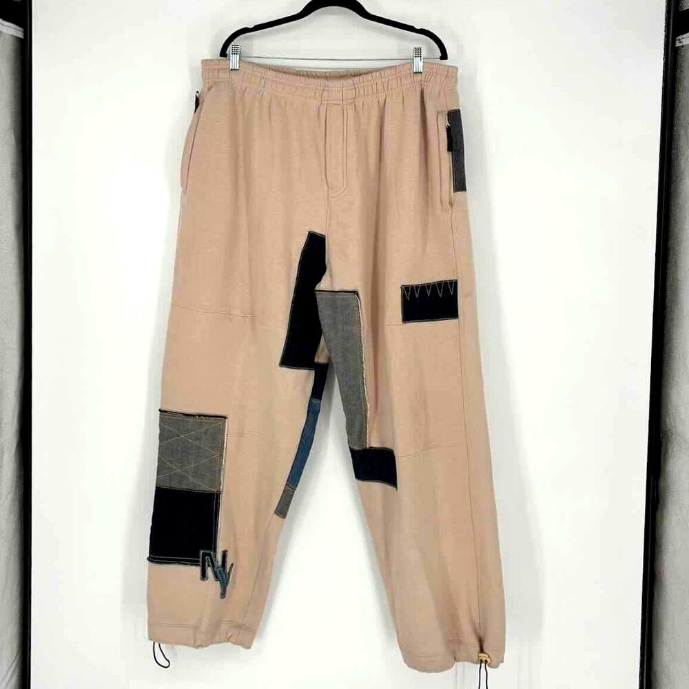 Vtg Y2K Indigo Gold Men's Denim Patchwork Baggy Tan Joggers - Size 2XL - Hip Hop